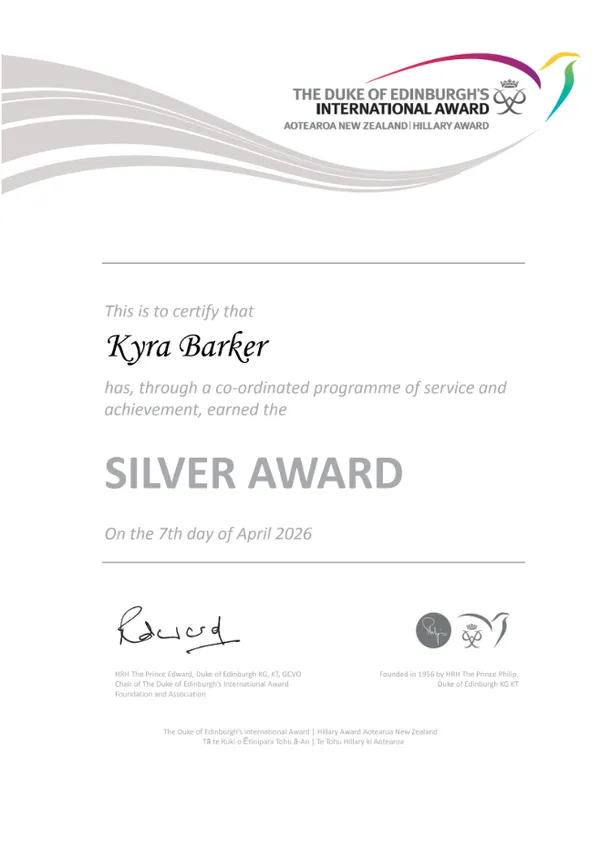 Duke of Edinburgh's Silver Award certificate